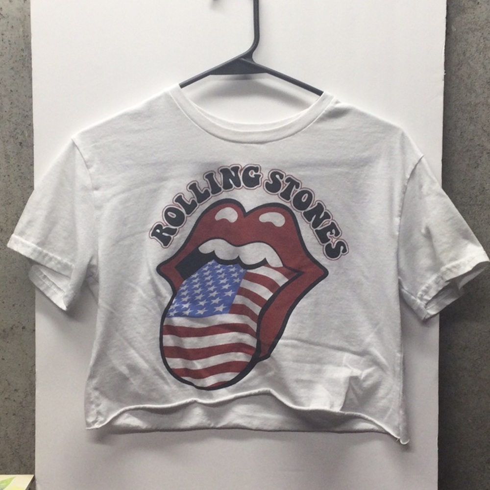 Woman’s new red, white, and blue Rolling Stones cropped t-shirt